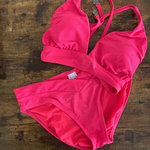 Time and Tru Hot Pink Fuchsia Ribbed Bikini Set High Waisted Bottoms L Sz 12-14
